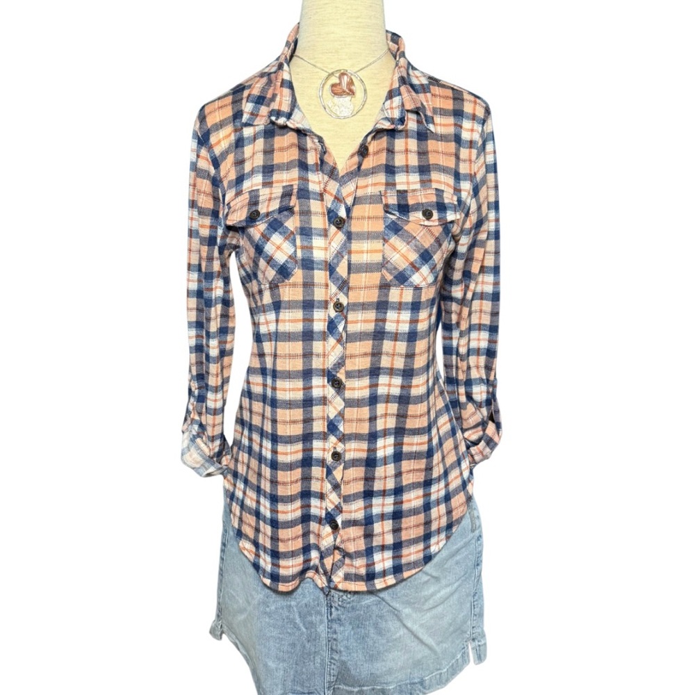 Cottagecore Plaid Shirt in Blue and Peach Pink Size S
